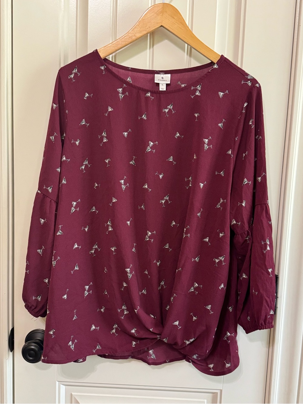 Dressbarn Womens XL Red Maroon Martini Glass Twist Hem Top 3/4 Sleeve Polyester